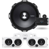 Close-up view of a Rockford Fosgate speaker installed in a white JK/JKU American SoundBar with 4 speakers and a mesh grill, along with a Rockford Fosgate 500 Watt 4-Channel Prime Amplifier (R2-500X4), part of the Rockford Fosgate Kit.