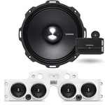 Close-up view of a Rockford Fosgate speaker installed in a white JK/JKU American SoundBar with 4 speakers and a mesh grill, along with a Rockford Fosgate 500 Watt 4-Channel Prime Amplifier (R2-500X4), part of the Rockford Fosgate Kit.