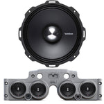 Close-up view of a Rockford Fosgate speaker installed in a grey JK/JKU American SoundBar with 4 speakers and a mesh grill, part of the Rockford Fosgate Kit.