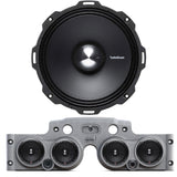 Close-up view of a Rockford Fosgate speaker installed in a grey JK/JKU American SoundBar with 4 speakers and a mesh grill, part of the Rockford Fosgate Kit.