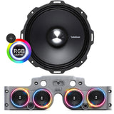 Close-up view of a Rockford Fosgate speaker installed in a grey JK/JKU American SoundBar with 4 speakers and a mesh grill, part of the Rockford Fosgate Kit with RGB LED Ring Lights