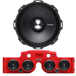 Close-up view of a Rockford Fosgate speaker installed in a red JK/JKU American SoundBar with 4 speakers and a mesh grill, part of the Rockford Fosgate Kit.