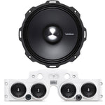 Close-up view of a Rockford Fosgate speaker installed in a white JK/JKU American SoundBar with 4 speakers and a mesh grill, part of the Rockford Fosgate Kit.