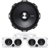 Close-up view of a Rockford Fosgate speaker installed in a white JK/JKU American SoundBar with 4 speakers and a mesh grill, part of the Rockford Fosgate Kit.