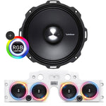 Close-up view of a Rockford Fosgate speaker with RGB LED ring lights installed in a white JK/JKU American SoundBar with 4 speakers and a mesh grill, part of the Rockford Fosgate Kit.
