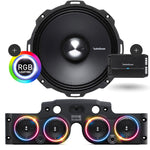 Close-up view of a Rockford Fosgate speaker with RGB LED ring lights installed in a black JK/JKU American SoundBar with 4 speakers and a mesh grill, along with a Rockford Fosgate 500 Watt 4-Channel Prime Amplifier (R2-500X4), part of the Rockford Fosgate Kit.