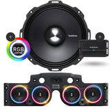 Close-up view of a Rockford Fosgate speaker with RGB LED ring lights installed in a black JK/JKU American SoundBar with 4 speakers and a mesh grill, along with a Rockford Fosgate 500 Watt 4-Channel Prime Amplifier (R2-500X4), part of the Rockford Fosgate Kit.