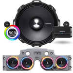 Close-up view of a Rockford Fosgate speaker with RGB LED ring lights installed in a grey JK/JKU American SoundBar with 4 speakers and a mesh grill, along with a Rockford Fosgate 500 Watt 4-Channel Prime Amplifier (R2-500X4), part of the Rockford Fosgate Kit.