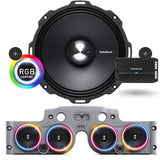 Close-up view of a Rockford Fosgate speaker with RGB LED ring lights installed in a grey JK/JKU American SoundBar with 4 speakers and a mesh grill, along with a Rockford Fosgate 500 Watt 4-Channel Prime Amplifier (R2-500X4), part of the Rockford Fosgate Kit.