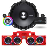 Close-up view of a Rockford Fosgate speaker with RGB LED ring lights installed in a red JK/JKU American SoundBar with 4 speakers and a mesh grill, along with a Rockford Fosgate 500 Watt 4-Channel Prime Amplifier (R2-500X4), part of the Rockford Fosgate Kit.