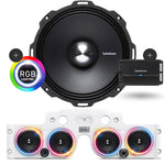 Close-up view of a Rockford Fosgate speaker with RGB LED ring lights installed in a white JK/JKU American SoundBar with 4 speakers and a mesh grill, along with a Rockford Fosgate 500 Watt 4-Channel Prime Amplifier (R2-500X4), part of the Rockford Fosgate Kit.