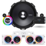 Close-up view of a Rockford Fosgate speaker with RGB LED ring lights installed in a white JK/JKU American SoundBar with 4 speakers and a mesh grill, along with a Rockford Fosgate 500 Watt 4-Channel Prime Amplifier (R2-500X4), part of the Rockford Fosgate Kit.