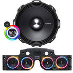 Close-up view of a Rockford Fosgate speaker with RGB LED ring lights installed in a black JK/JKU American SoundBar with 4 speakers and a mesh grill, part of the Rockford Fosgate Kit.