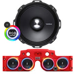 Close-up view of a Rockford Fosgate speaker with RGB LED ring lights installed in a red JK/JKU American SoundBar with 4 speakers and a mesh grill, part of the Rockford Fosgate Kit.