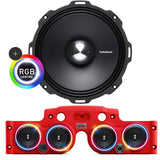 Close-up view of a Rockford Fosgate speaker with RGB LED ring lights installed in a red JK/JKU American SoundBar with 4 speakers and a mesh grill, part of the Rockford Fosgate Kit.