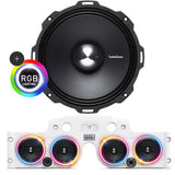 Close-up view of a Rockford Fosgate speaker with RGB LED ring lights installed in a white JK/JKU American SoundBar with 4 speakers and a mesh grill, part of the Rockford Fosgate Kit.