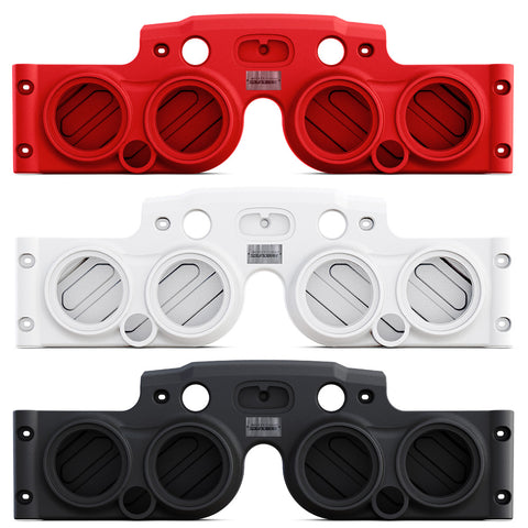 Front view of three JK/JKU American SoundBar empty enclosures in red, white, and black, designed to fit 4x 8" speakers and tweeters.