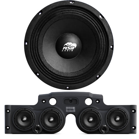 Front view of an ASB Audio speaker (top) and front view of the black JK/JKU American Soundbar with 4 mid-bass speakers installed (bottom), displayed on a white background, part of the ASB Audio Bundle. No Lights