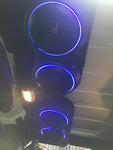 JK/JKU Jeep American SoundBar 'JBL Power' Kit installed in a car with blue RGB LED lighting, featuring a black soundbar with 4 JBL speakers and ASB Audio metal mesh grills