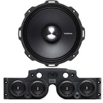 Close-up view of a Rockford Fosgate speaker installed in a black JK/JKU American SoundBar with 4 speakers and a mesh grill, part of the Rockford Fosgate Kit.