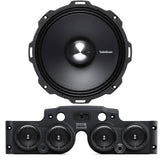 Close-up view of a Rockford Fosgate speaker installed in a black JK/JKU American SoundBar with 4 speakers and a mesh grill, part of the Rockford Fosgate Kit.