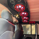Black American Soundbar with red charcoal grilles and white speaker lighting, part of the JL/JLU/JT Jeep American Soundbar Kicker Kit.