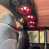 Black American Soundbar with red charcoal grilles and white speaker lighting, part of the JL/JLU/JT Jeep American Soundbar Kicker Kit.