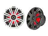 Close-up of KICKER speakers with white charcoal grille and black charcoal grille, part of the JL/JLU/JT Jeep American Soundbar Kicker Kit.