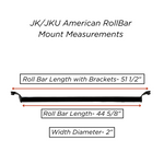 Document displaying the detailed measurements of the American Roll Bar for the JKU Jeep Wrangler (2007-2018), including dimensions for secure installation.
