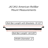 Document displaying the detailed measurements of the American Roll Bar for the JKU Jeep Wrangler (2007-2018), including dimensions for secure installation.