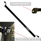 Document showing the mounting details of the American Roll Bar for the JKU Jeep Wrangler (2007-2018), with a close-up view of the mount connected to the passenger seat belt bracket.