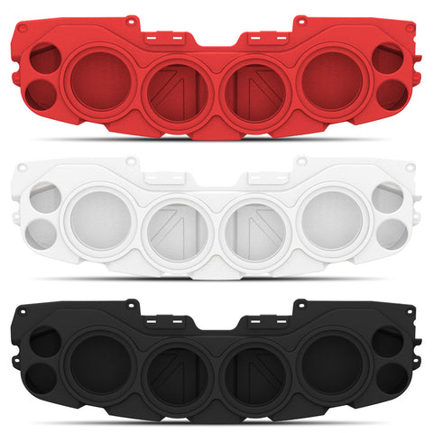 Front view of three American Soundbar empty enclosures in red, white, and black, stacked vertically with no background, part of the JL/JT Jeep American Soundbar series.