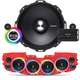 Close-up of Rockford Fosgate speaker with RGB LED ring light, red soundbar with 4 installed speakers, mesh grilles, and Rockford Fosgate 4-Channel Prime 500 Watt R2-500X4 amplifier, part of the JL/JLU/JT Jeep American Soundbar Rockford Fosgate Kit.