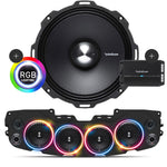 Close-up of Rockford Fosgate speaker with RGB LED ring light, black soundbar with 4 installed speakers, mesh grilles, and Rockford Fosgate 4-Channel Prime 500 Watt R2-500X4 amplifier, part of the JL/JLU/JT Jeep American Soundbar Rockford Fosgate Kit
