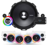 Close-up of Rockford Fosgate speaker with RGB LED ring light, white soundbar with 4 installed speakers, mesh grilles, and Rockford Fosgate 4-Channel Prime 500 Watt R2-500X4 amplifier, part of the JL/JLU/JT Jeep American Soundbar Rockford Fosgate Kit.