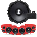 Close-up of Rockford Fosgate speaker, red soundbar with 4 installed speakers and mesh grilles, and Rockford Fosgate 4-Channel Prime 500 Watt R2-500X4 amplifier, part of the JL/JLU/JT Jeep American Soundbar Rockford Fosgate Kit.