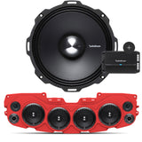 Close-up of Rockford Fosgate speaker, red soundbar with 4 installed speakers and mesh grilles, and Rockford Fosgate 4-Channel Prime 500 Watt R2-500X4 amplifier, part of the JL/JLU/JT Jeep American Soundbar Rockford Fosgate Kit.