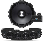 Close-up of Rockford Fosgate speaker, black soundbar with 4 installed speakers and mesh grilles, and Rockford Fosgate 4-Channel Prime 500 Watt R2-500X4 amplifier, part of the JL/JLU/JT Jeep American Soundbar Rockford Fosgate Kit.