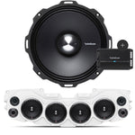Close-up of Rockford Fosgate speaker, white soundbar with 4 installed speakers and mesh grilles, and Rockford Fosgate 4-Channel Prime 500 Watt R2-500X4 amplifier, part of the JL/JLU/JT Jeep American Soundbar Rockford Fosgate Kit.