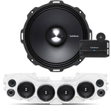 Close-up of Rockford Fosgate speaker, white soundbar with 4 installed speakers and mesh grilles, and Rockford Fosgate 4-Channel Prime 500 Watt R2-500X4 amplifier, part of the JL/JLU/JT Jeep American Soundbar Rockford Fosgate Kit.