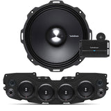 Close-up of Rockford Fosgate speaker, black soundbar with 4 installed speakers and mesh grilles, and Rockford Fosgate 4-Channel Prime 500 Watt R2-500X4 amplifier, part of the JL/JLU/JT Jeep American Soundbar Rockford Fosgate Kit.