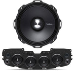 Close-up of Rockford Fosgate speaker, with black soundbar featuring 4 installed speakers and mesh grilles, part of the JL/JLU/JT Jeep American Soundbar Rockford Fosgate Kit.