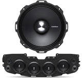 Close-up of Rockford Fosgate speaker, with black soundbar featuring 4 installed speakers and mesh grilles, part of the JL/JLU/JT Jeep American Soundbar Rockford Fosgate Kit.