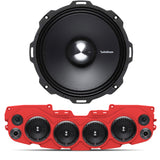 Close-up of Rockford Fosgate speaker, with red soundbar featuring 4 installed speakers and mesh grilles, part of the JL/JLU/JT Jeep American Soundbar Rockford Fosgate Kit.