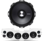 Close-up of Rockford Fosgate speaker, with white soundbar featuring 4 installed speakers and mesh grilles, part of the JL/JLU/JT Jeep American Soundbar Rockford Fosgate Kit.