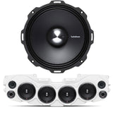 Close-up of Rockford Fosgate speaker, with white soundbar featuring 4 installed speakers and mesh grilles, part of the JL/JLU/JT Jeep American Soundbar Rockford Fosgate Kit.