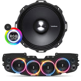 Close-up of Rockford Fosgate speaker with RGB LED ring light, beneath it is a black soundbar featuring 4 installed speakers with mesh grilles, part of the JL/JLU/JT Jeep American Soundbar Rockford Fosgate Kit.