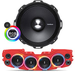 Close-up of Rockford Fosgate speaker with RGB LED ring light, beneath it is a red soundbar featuring 4 installed speakers with mesh grilles, part of the JL/JLU/JT Jeep American Soundbar Rockford Fosgate Kit.