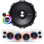 Close-up of Rockford Fosgate speaker with RGB LED ring light, beneath it is a white soundbar featuring 4 installed speakers with mesh grilles, part of the JL/JLU/JT Jeep American Soundbar Rockford Fosgate Kit.