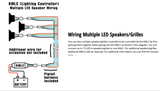 KICKER RGB LED Controller RGB Controller American SoundBar. Document explaining wiring multiple LED speakers/grilles, featuring a diagram of wires connecting speakers to a CMLC and battery.